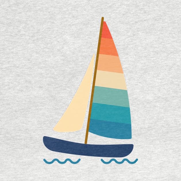 Beach Catamaran sailboat in summer. Retro 70s and 80s color style on white background. by Nalidsa